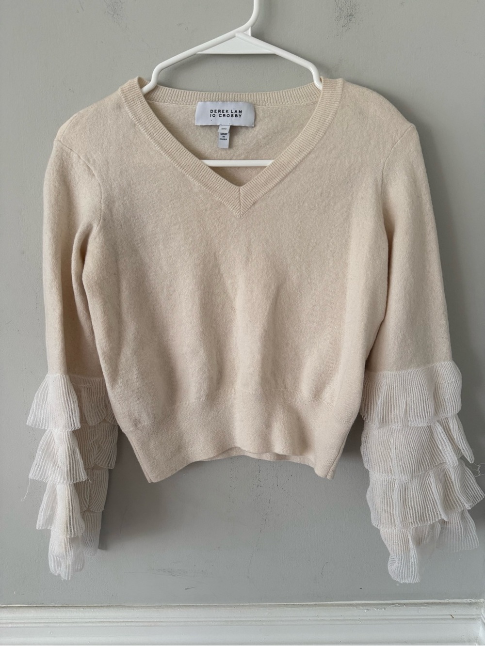 10 Crosby Derek Lam small Cream V-Neck Sweater with Tiered Ruffle Sleeves wool